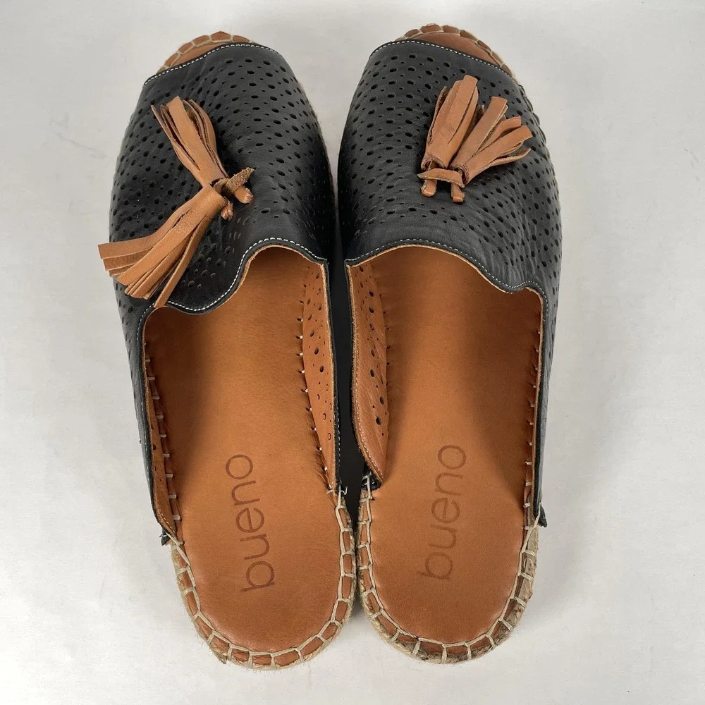 Bueno Shoes Espadrille Womens Size 42 Black Leather Slip On Tassel Mule Flats
